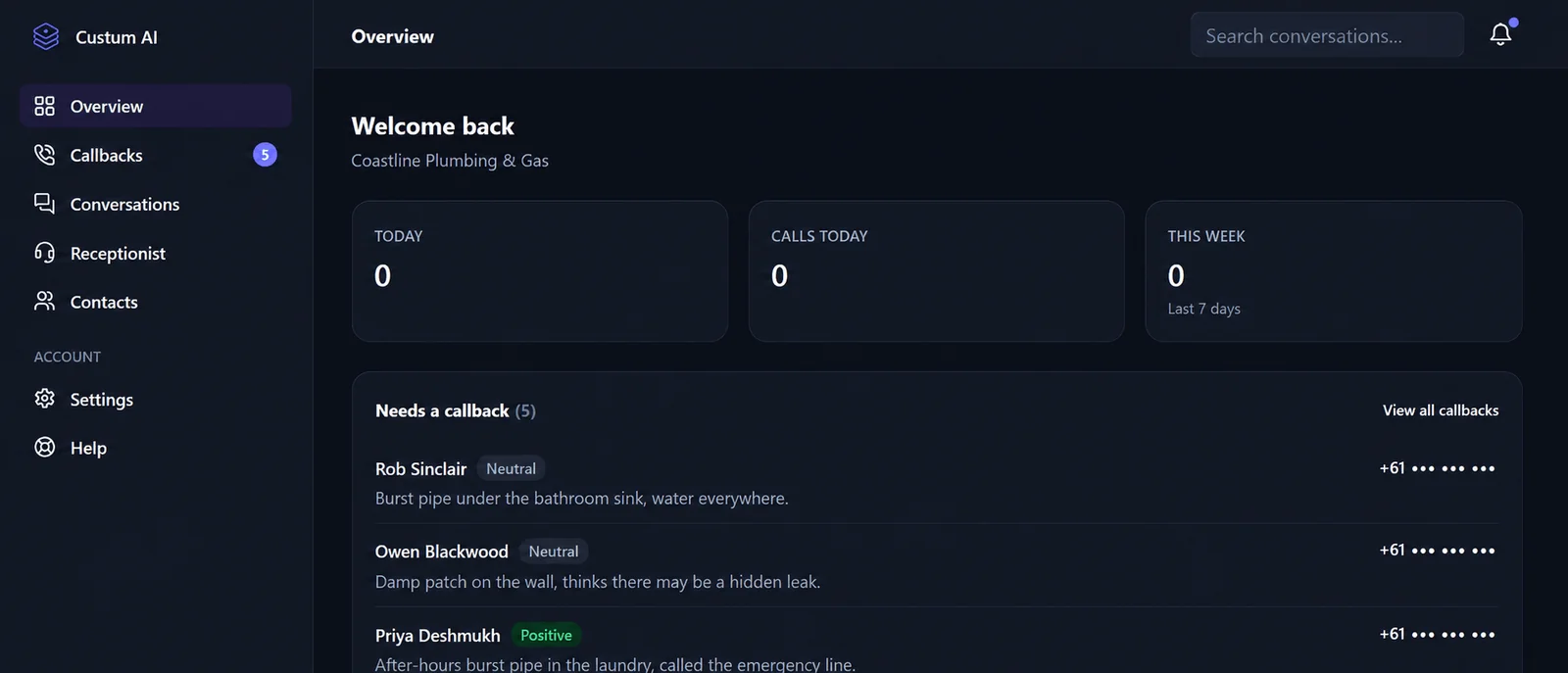 Custum AI mobile dashboard overview
